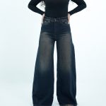 شلوار جین شافل بگ سرمه ای با تینت قهوه ای