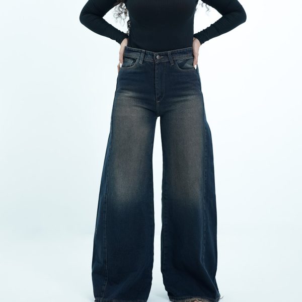 شلوار جین شافل بگ سرمه ای با تینت قهوه ای