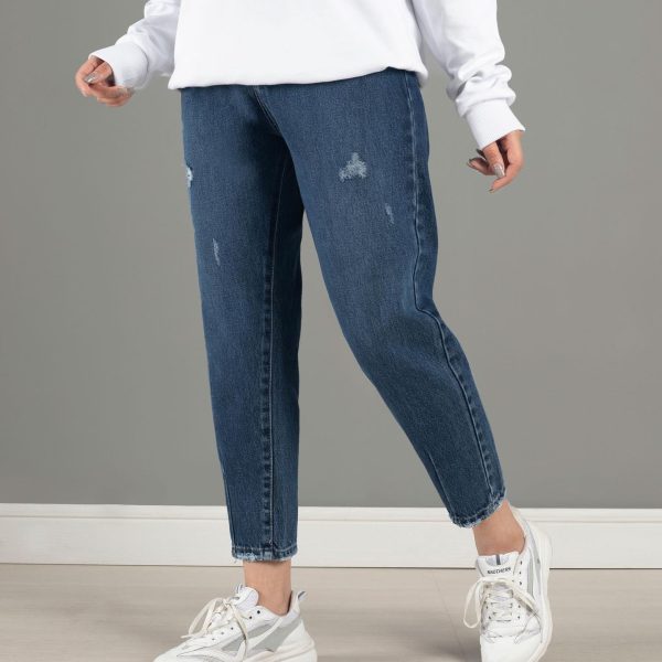 شلوار جین زنانه مدل مام فیت رنگ آبی تیره