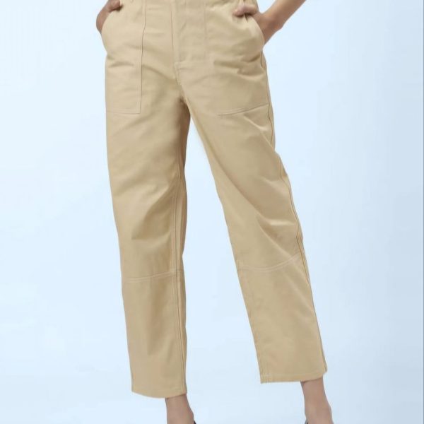 شلوار کتان زنانه مدل مام استایل رنگ کرم سایز بزرگ