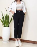 شلوار جین زنانه پارچه ای کرپ مدل مام فیت رنگ مشکی